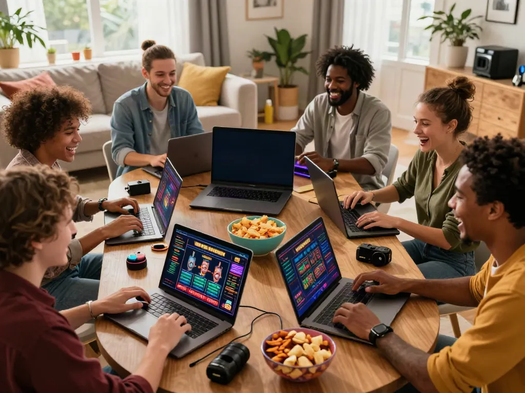 Friends celebrating while playing non GamStop casinos in a cozy living room.