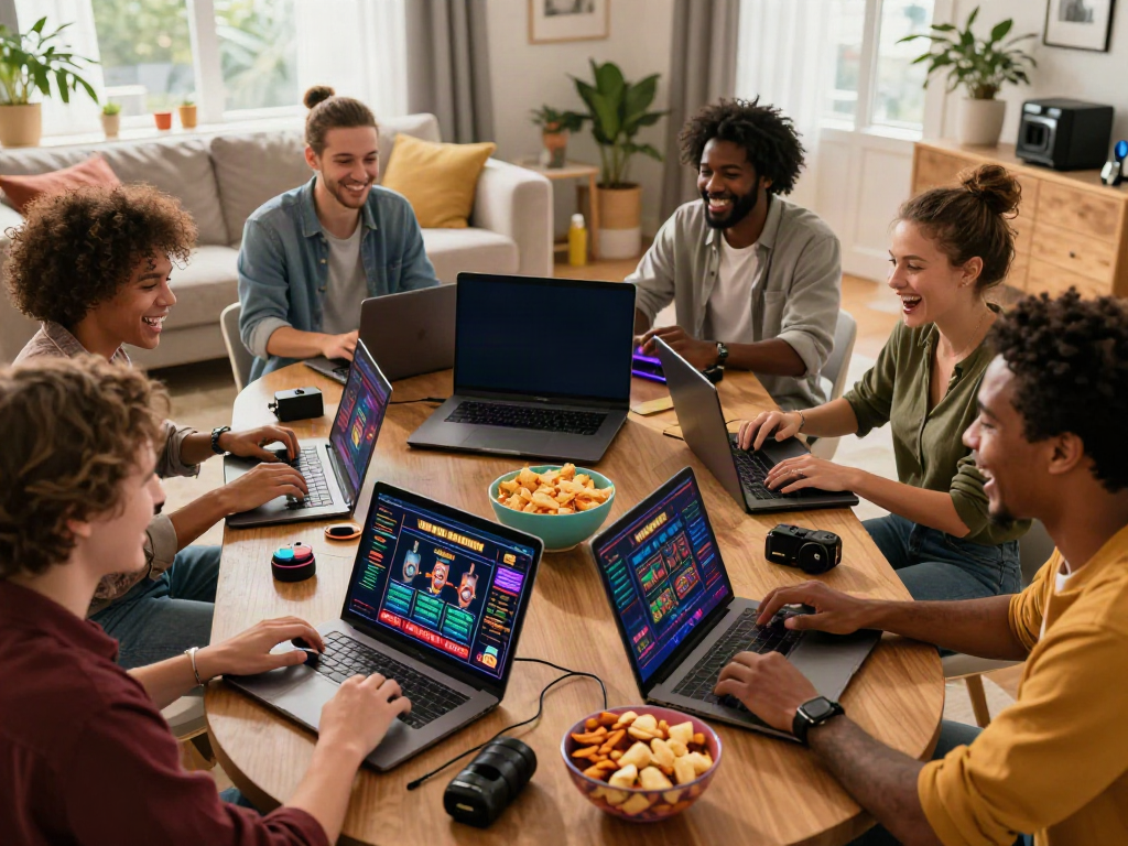 Friends celebrating while playing non GamStop casinos in a cozy living room.