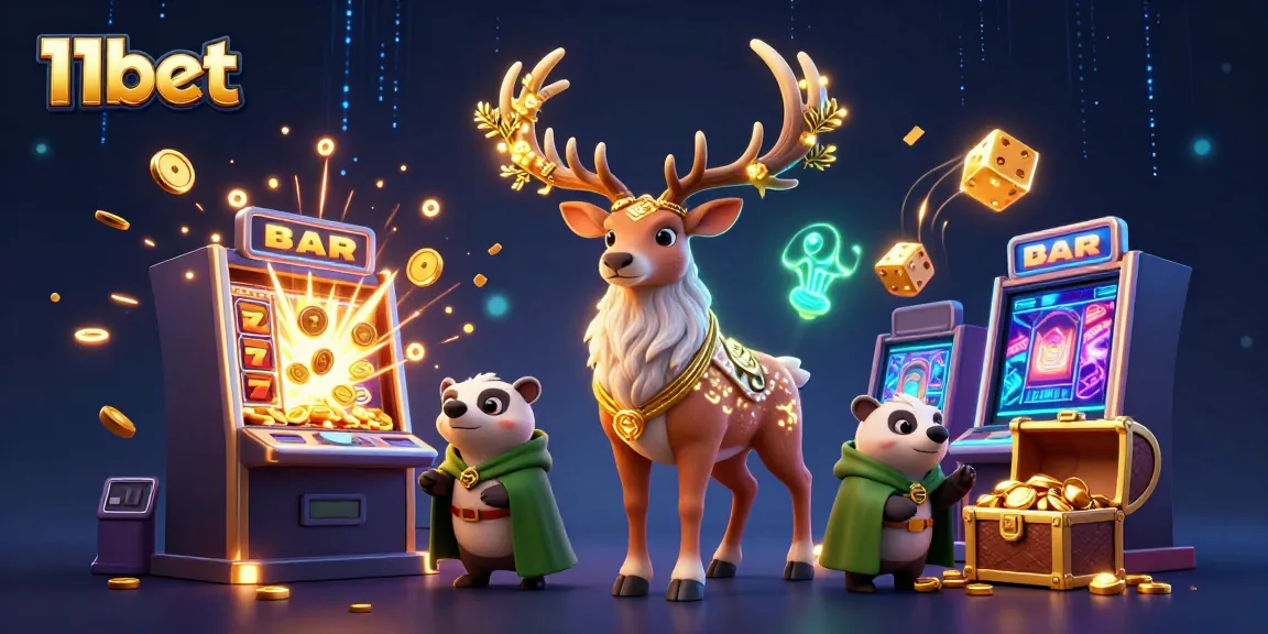 Join the excitement at 11bet with a vibrant 3D scene featuring a Celtic druid stag, a wise badger, and thrilling casino elements.