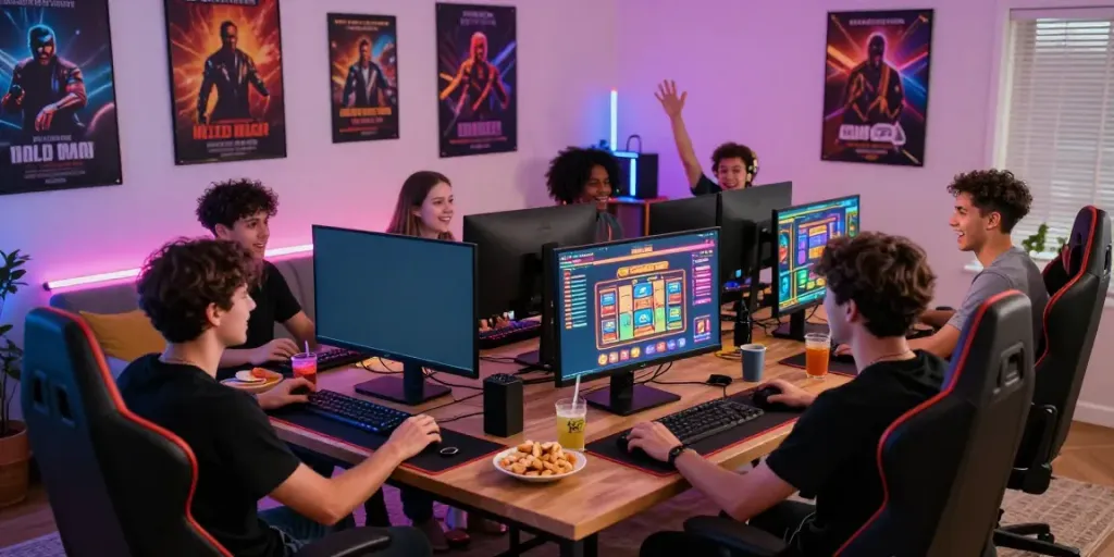 Friends enjoying online gameplay at non GamStop casinos in a vibrant gaming room.