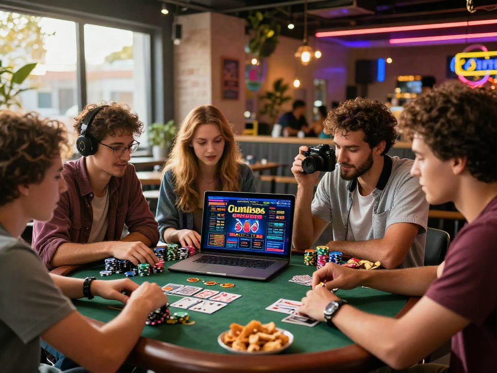 Social group enjoying games at non GamStop casinos in a lively café setting.