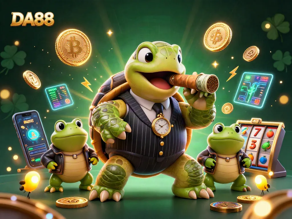 Spin big wins with DA88 in a vibrant casino scene featuring a snapping turtle and bullfrog enforcers.