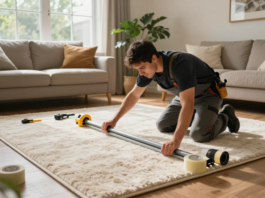 Residential carpet installation expert measuring and fitting a luxurious carpet in a cozy living room.