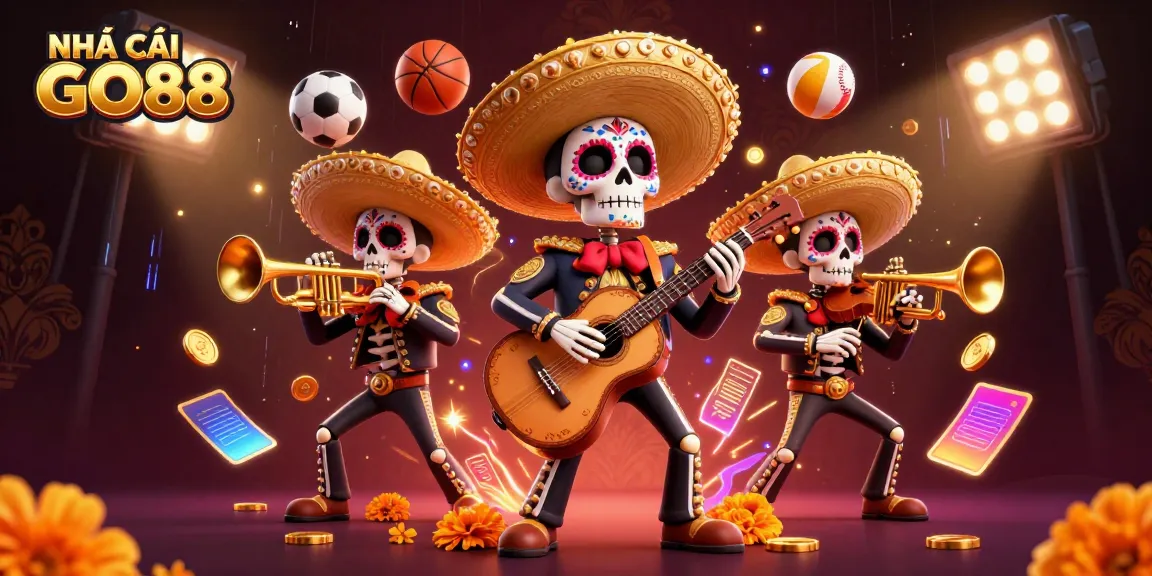 Engage with the vibrant NHÀ CÁI GO88 scene featuring a mariachi band, sports elements, and dynamic energy.