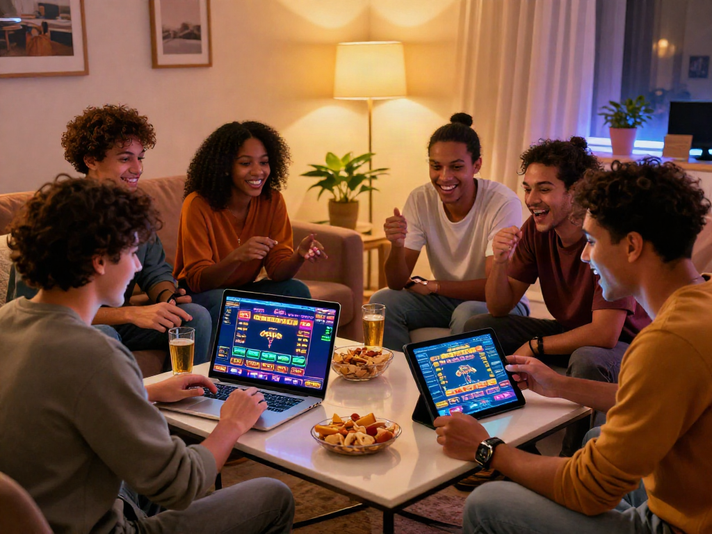 Friends enjoying online games at home, discussing non GamStop casinos in a cozy setting.