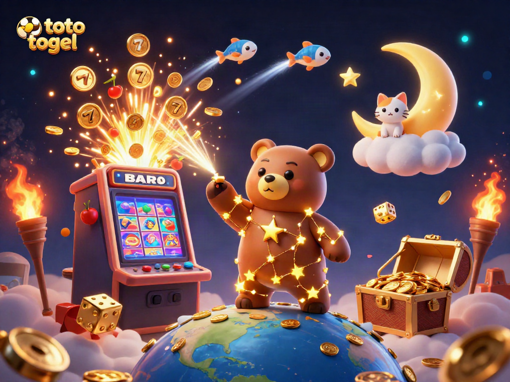 Toto togel illustration featuring a constellation bear, slot machines, and jackpot elements in vibrant 3D.