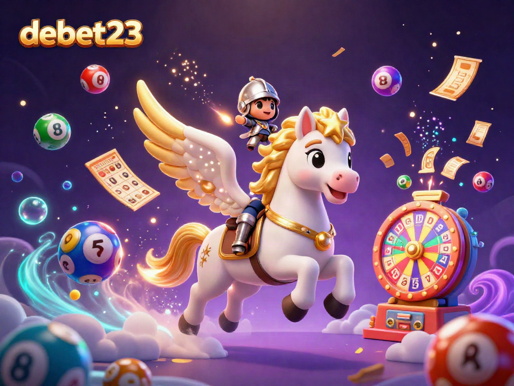 Engage in fun gaming action with debet23, featuring colorful lottery elements and a dynamic celestial scene.