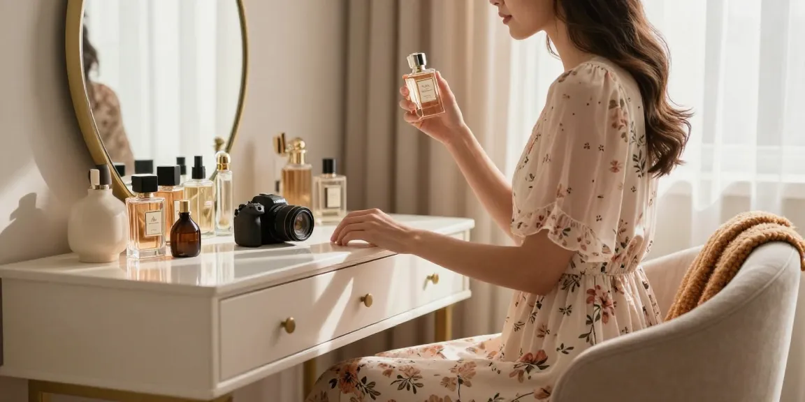 Elegant woman applying Razalympea perfume in a beautifully styled bedroom, surrounded by luxury fragrance bottles.