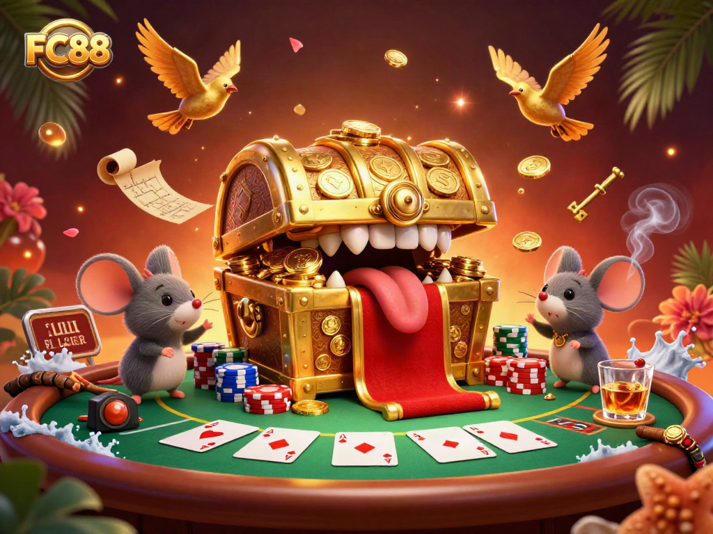 Experience thrilling adventures at FC88 with colorful poker elements and a treasure chest drawing players in.