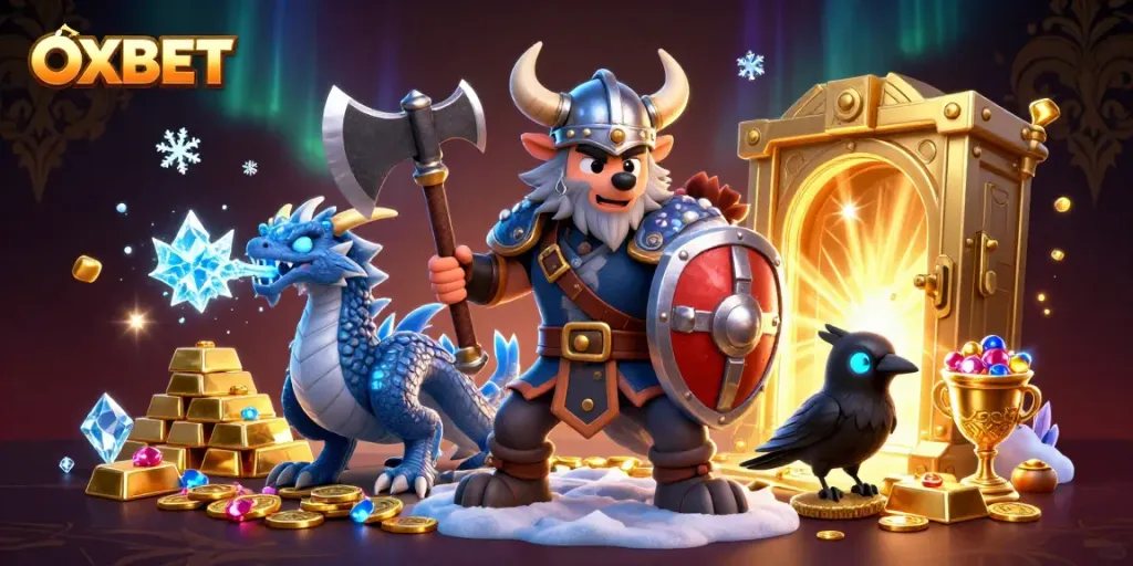 Engage with OXBET's vibrant 3D casino scene featuring heroic Viking warrior, fierce dragon, and treasure.