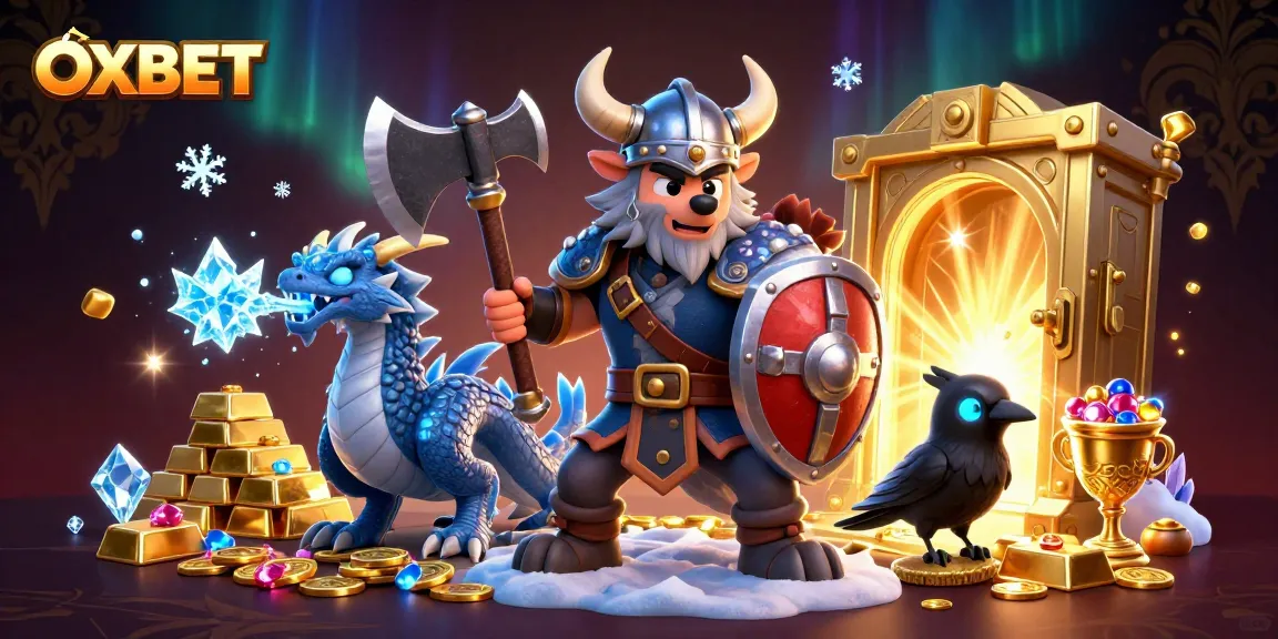 Engage with OXBET's vibrant 3D casino scene featuring heroic Viking warrior, fierce dragon, and treasure.
