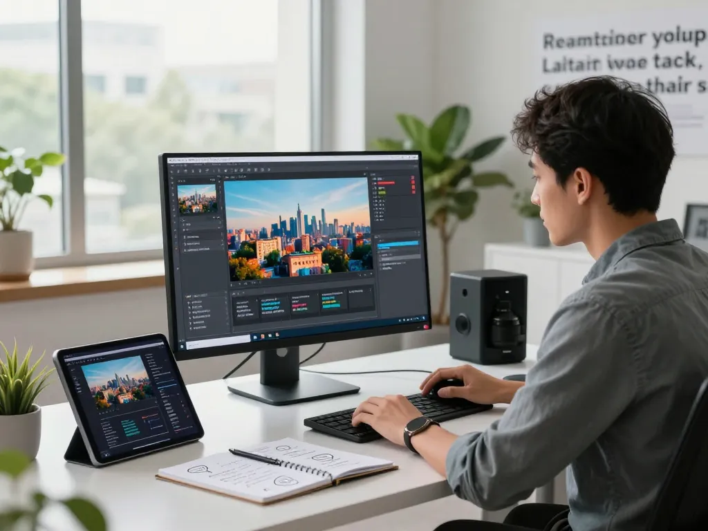 Image to prompt workspace featuring a focused individual generating AI prompts from images in a modern digital setting.