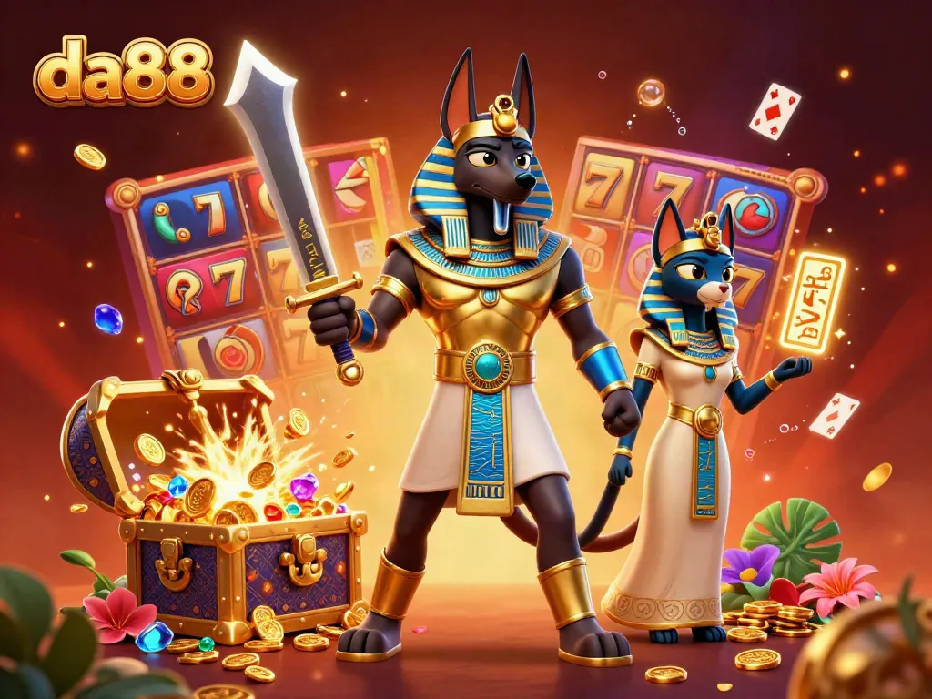 Experience thrilling moments at da88 with an ultra-detailed illustration of Anubis and treasures.