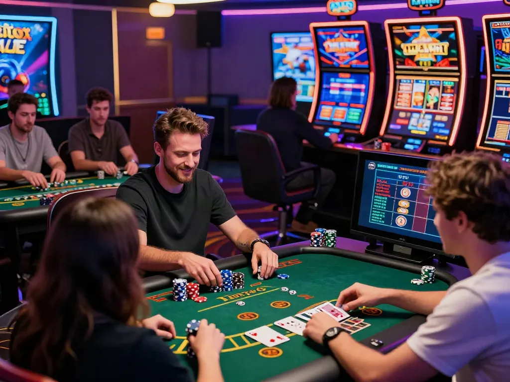 Exciting gaming action at non gamstop casinos featuring players enjoying blackjack and slots in a vibrant digital environment.