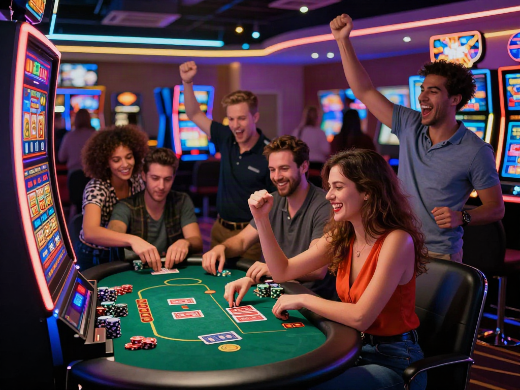 Exciting scene of diverse players enjoying non GamStop casinos with joyful expressions at a vibrant slot machine.