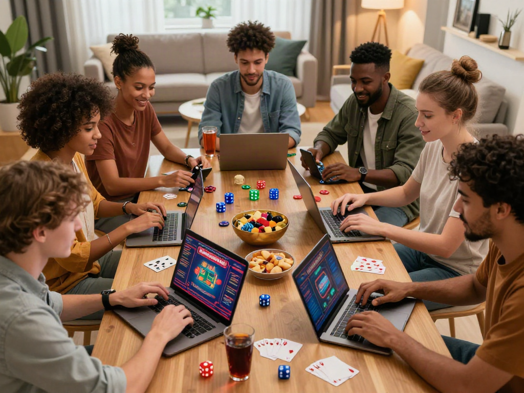 Friends enjoying online games at non GamStop casinos in a cozy living room.