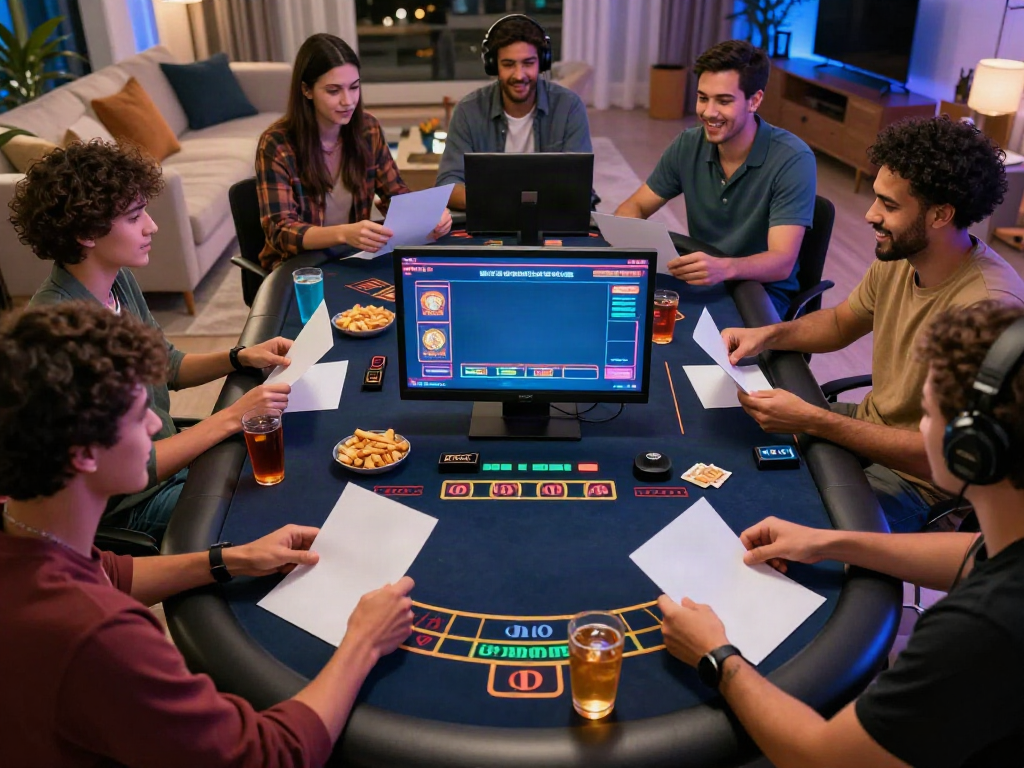 Friends enjoying an exciting gaming night at non gamstop casinos in a lively living room.