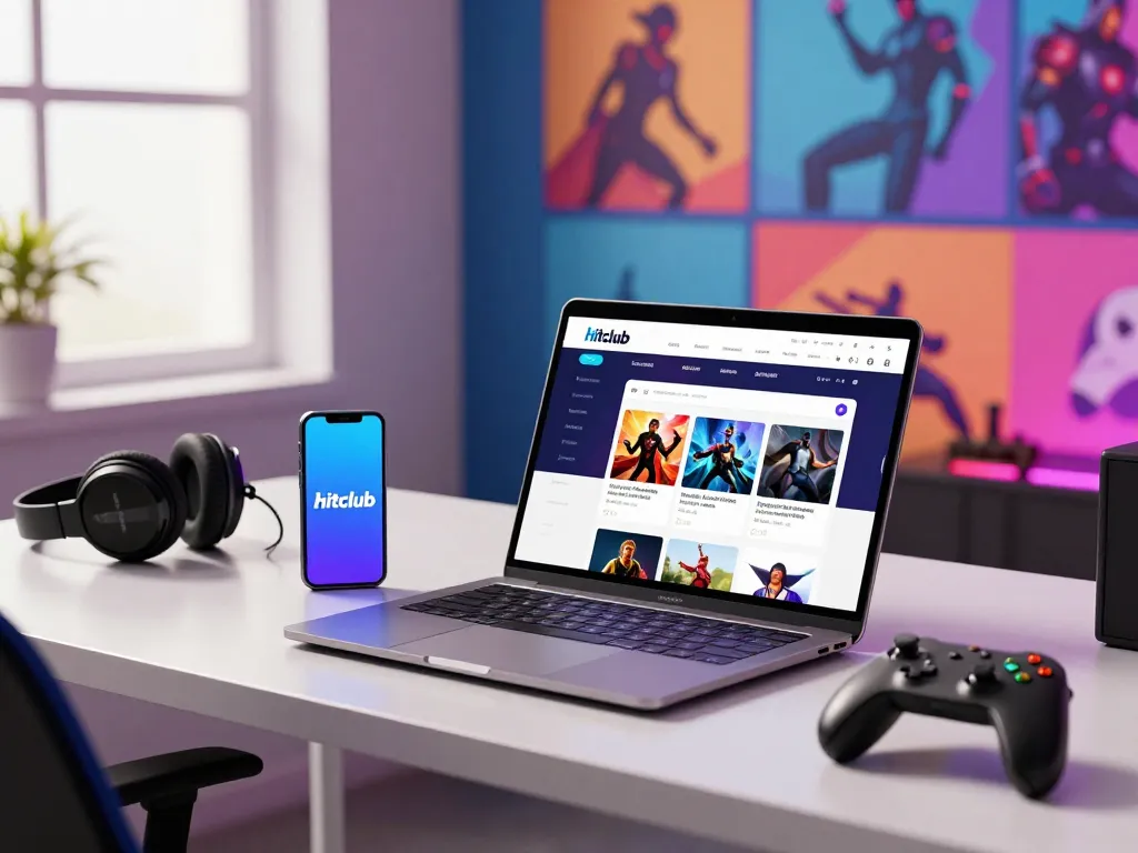 Downloading the Hitclub app with a focused gamer and colorful gaming setup.