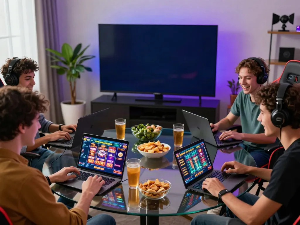 Friends exploring non GamStop casinos in a vibrant gaming setup
