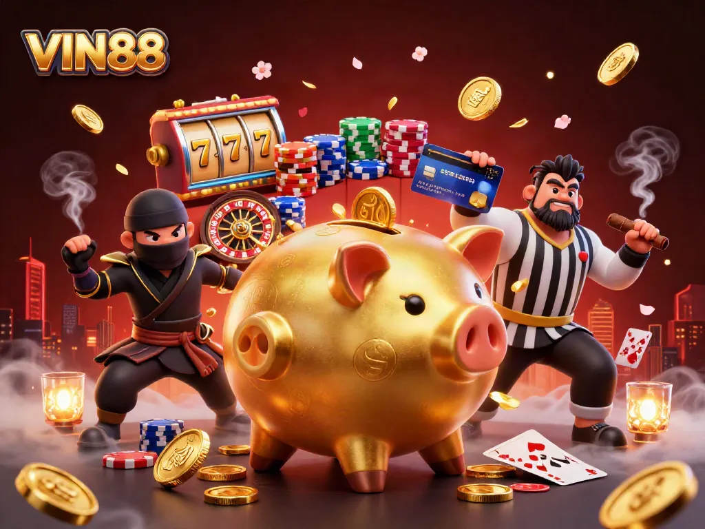 Watch the exciting VIN88 casino scene featuring a dynamic golden piggy bank sumo wrestler and intense game elements.