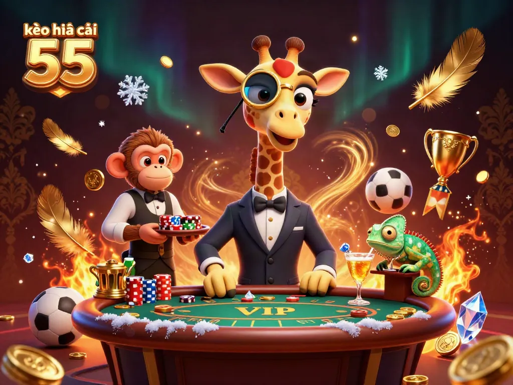 Engage with kèo nhà cái 55's vibrant sports betting scene featuring a high-roller giraffe, monkey valet, and chameleon bartender.