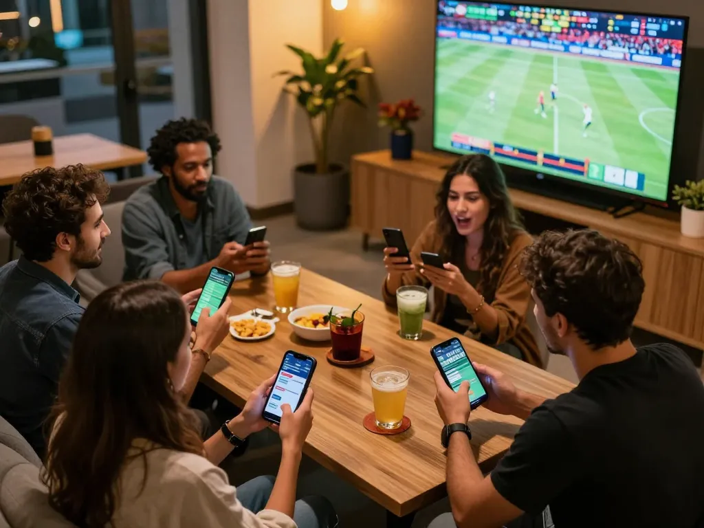 Enthusiastic friends engaging with sports betting on their smartphones at 888NEW.