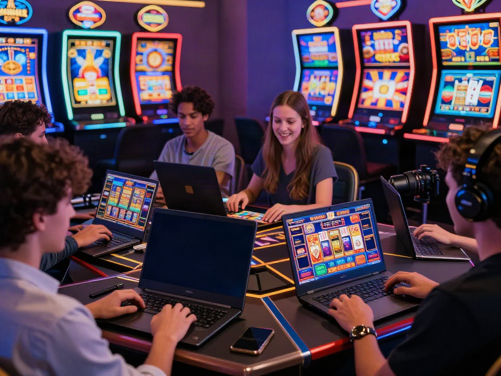 Excited players enjoying non gamstop casinos on laptops and smartphones in a vibrant digital environment.