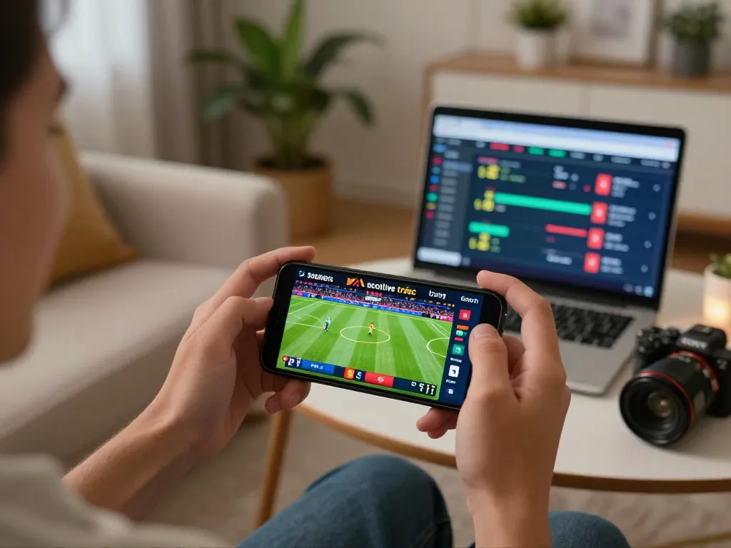 Socolive trực tiếp football streaming session at home, person celebrating using smartphone during live match.