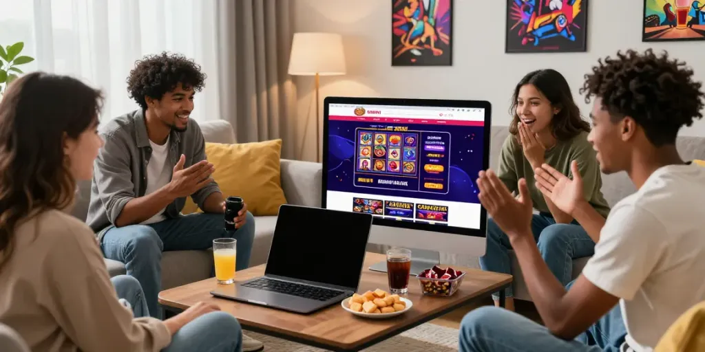 Friends exploring non gamstop casinos in a cozy living room setting