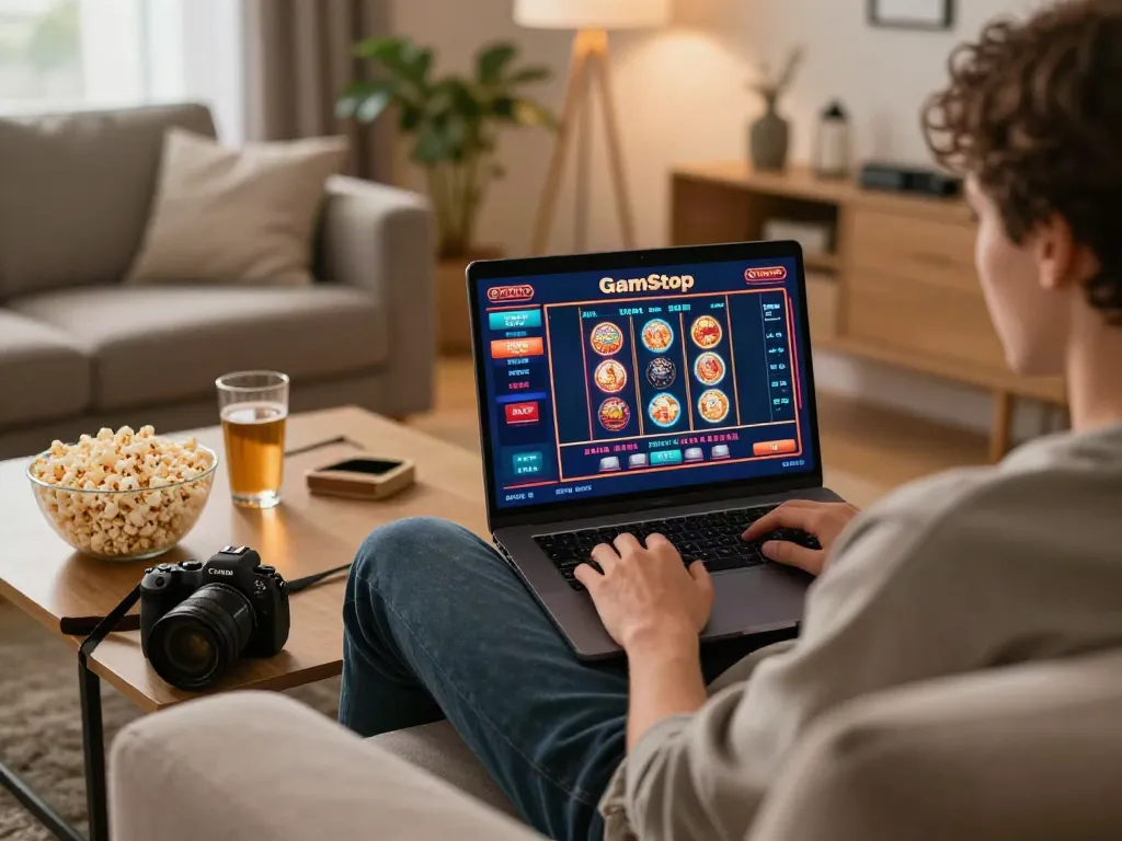 Engaging gaming setup at non GamStop casinos in a cozy room, showcasing a user on a laptop.