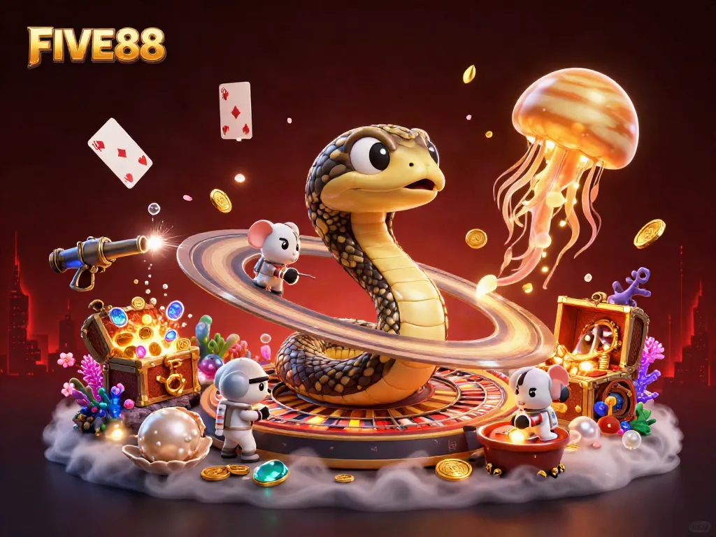 Experience excitement with FIVE88 as astronaut mice bet on cosmic roulette in a galactic casino.