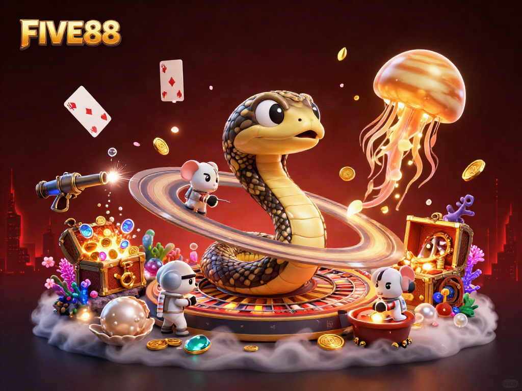 Experience excitement with FIVE88 as astronaut mice bet on cosmic roulette in a galactic casino.