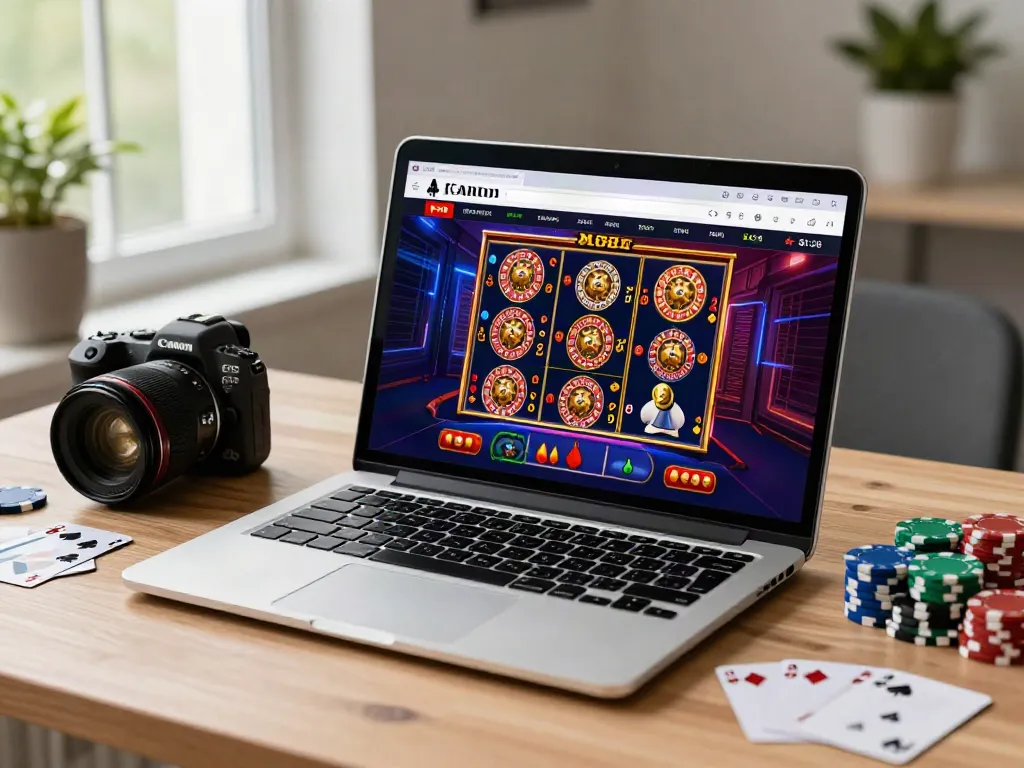 Exciting non gamstop casinos gaming scene with laptop, poker chips, and colorful slot machines.