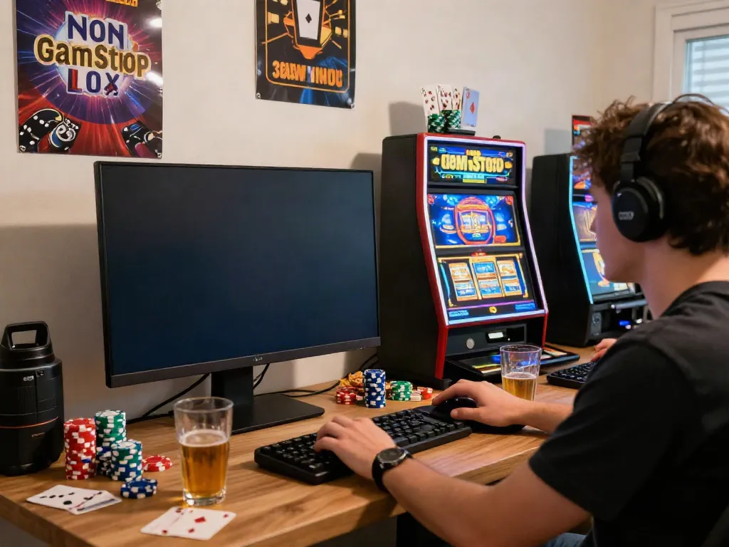 Engaging scene of a player enjoying non GamStop casinos online in a cozy setting with casino-themed decor.