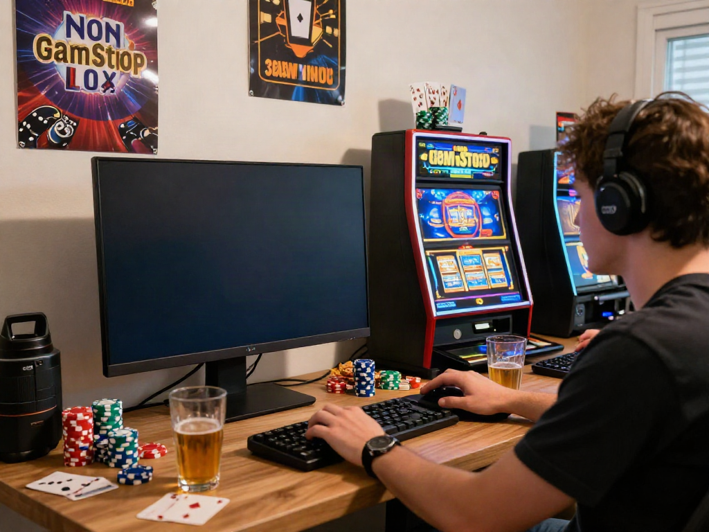 Engaging scene of a player enjoying non GamStop casinos online in a cozy setting with casino-themed decor.