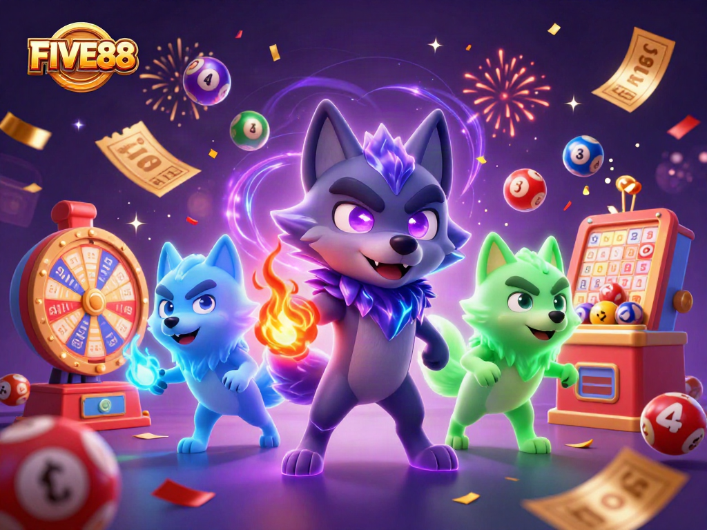 Join the excitement with FIVE88 as vibrant lottery balls and a dynamic scene come alive.