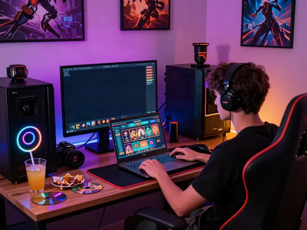 Engaged gamer exploring non GamStop casinos in a colorful, immersive gaming room.