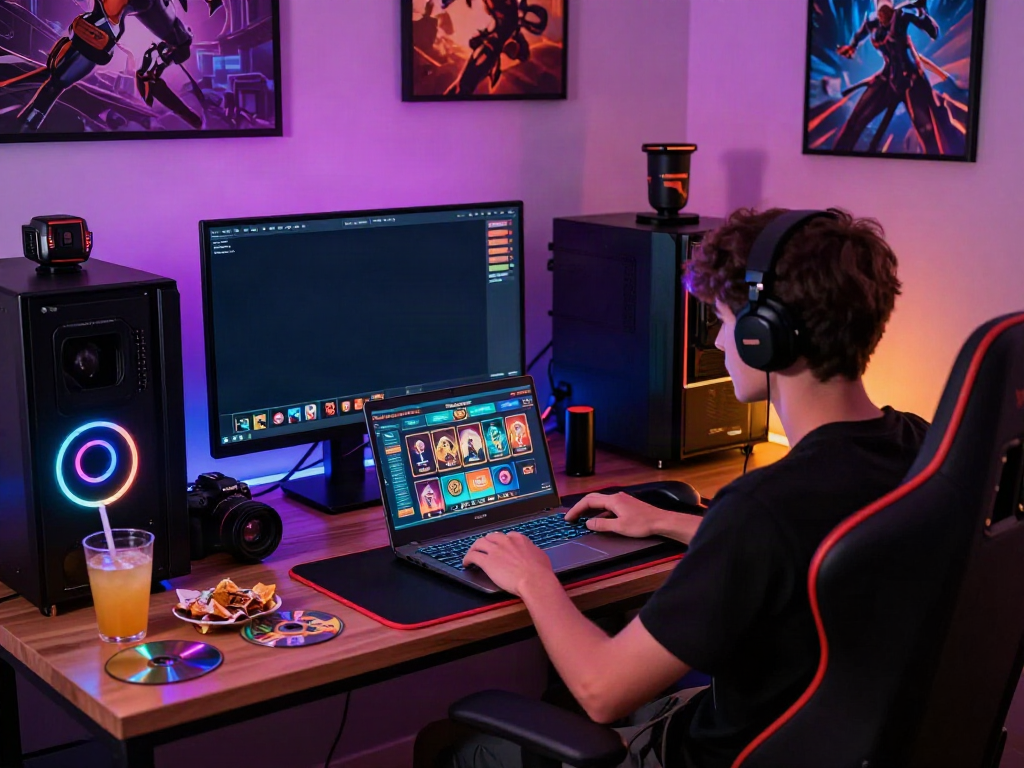 Engaged gamer exploring non GamStop casinos in a colorful, immersive gaming room.
