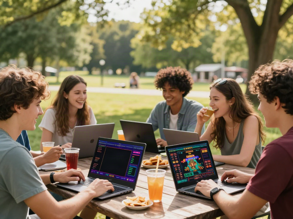 Group of friends enjoying non GamStop casinos outdoors, with laptops and vibrant game graphics.
