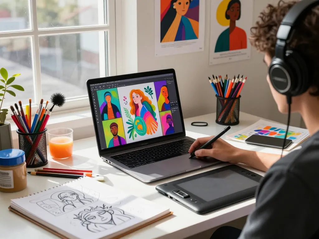 Artist using an image prompt tool on a laptop in a vibrant creative workspace.