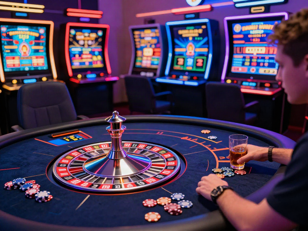 Engaging gaming station scene showcasing spinning roulette wheel and poker chips at non gamstop casinos.