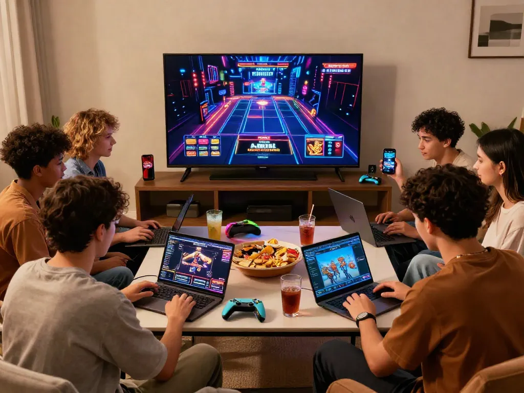 Social gaming scene with diverse friends enjoying non GamStop casinos in a cozy atmosphere.