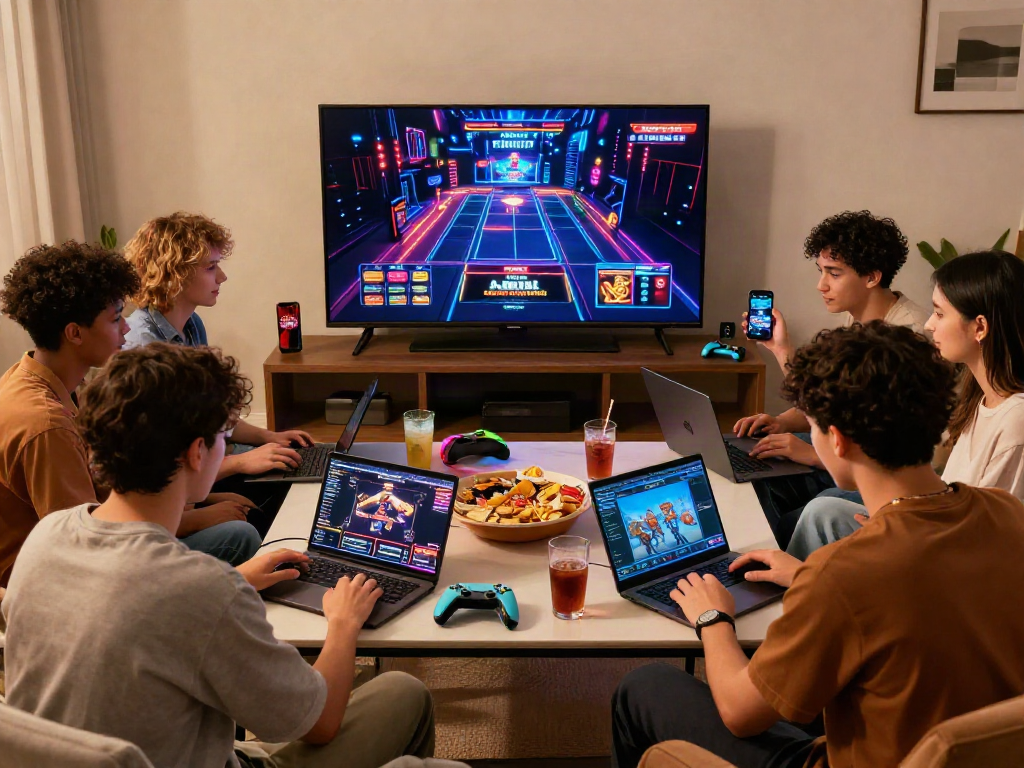 Social gaming scene with diverse friends enjoying non GamStop casinos in a cozy atmosphere.