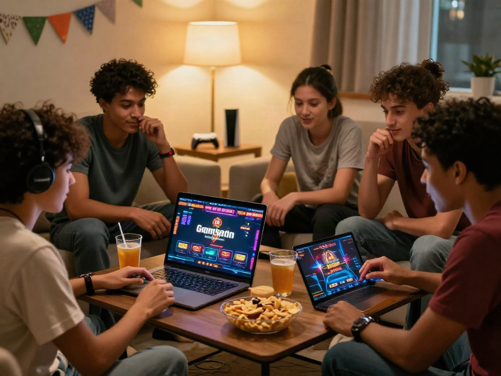 Friends enjoying online gaming at non-GamStop casinos in a cozy living room.