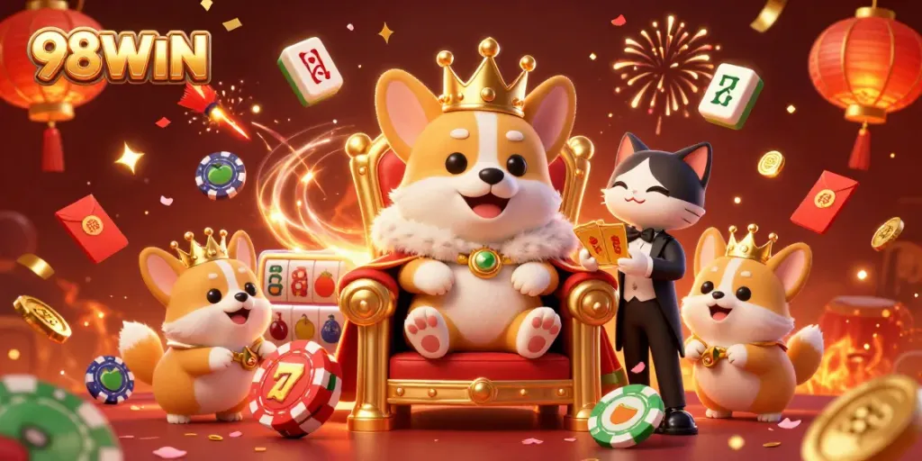 Join the fun at 98WIN with our vibrant casino-themed illustration showcasing lively game elements.