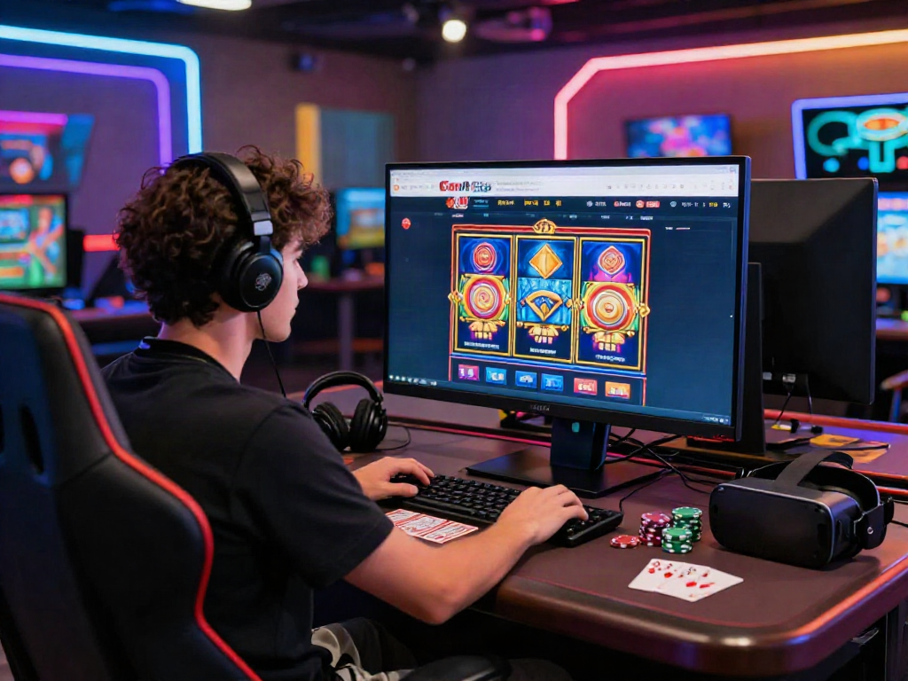 Player enjoying non GamStop casinos on a stylish gaming setup with colorful graphics.