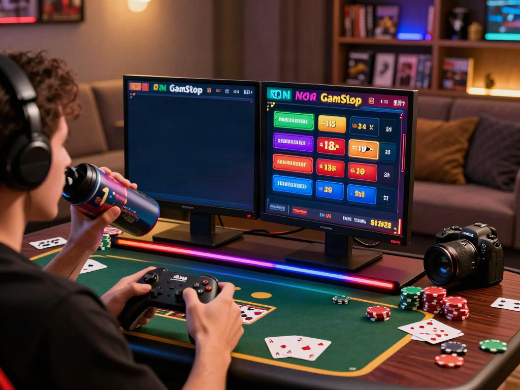 Player engaging with non GamStop casinos displayed on dual screens, vibrant gaming setup.