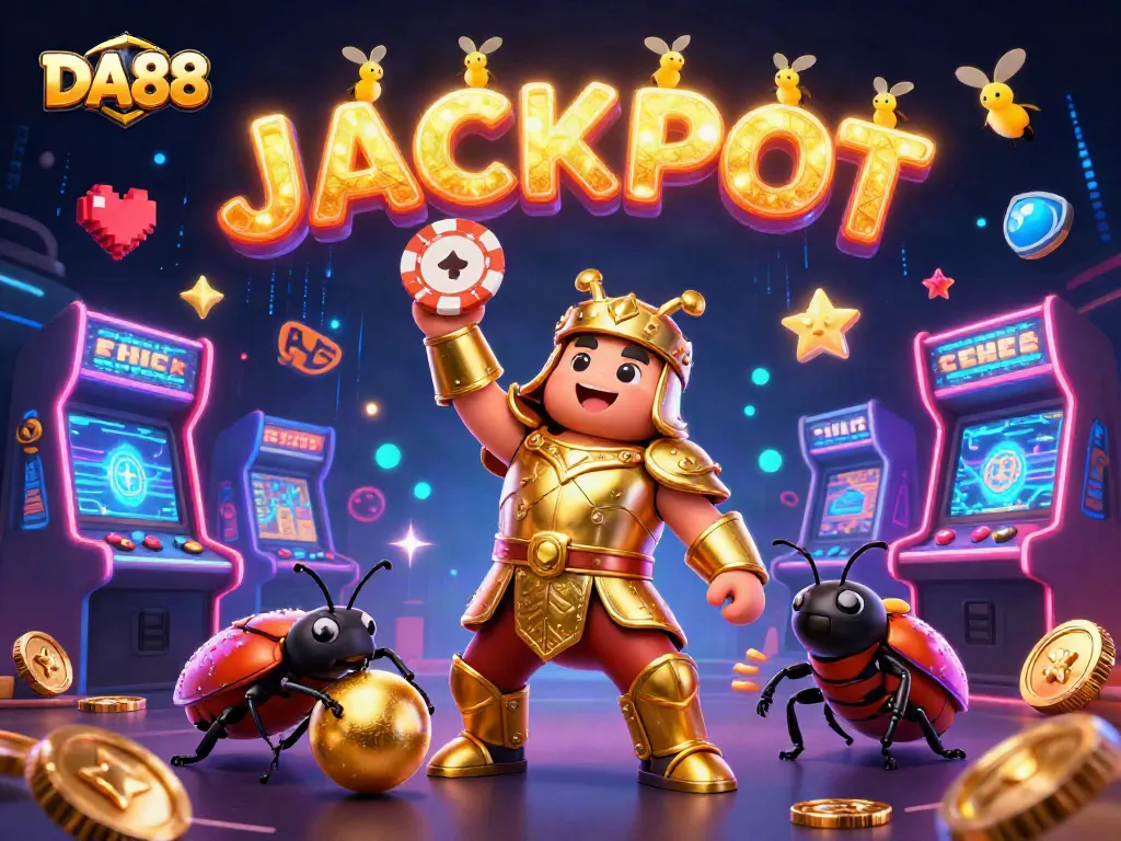Engage with DA88's vibrant casino world featuring characters celebrating a jackpot victory.