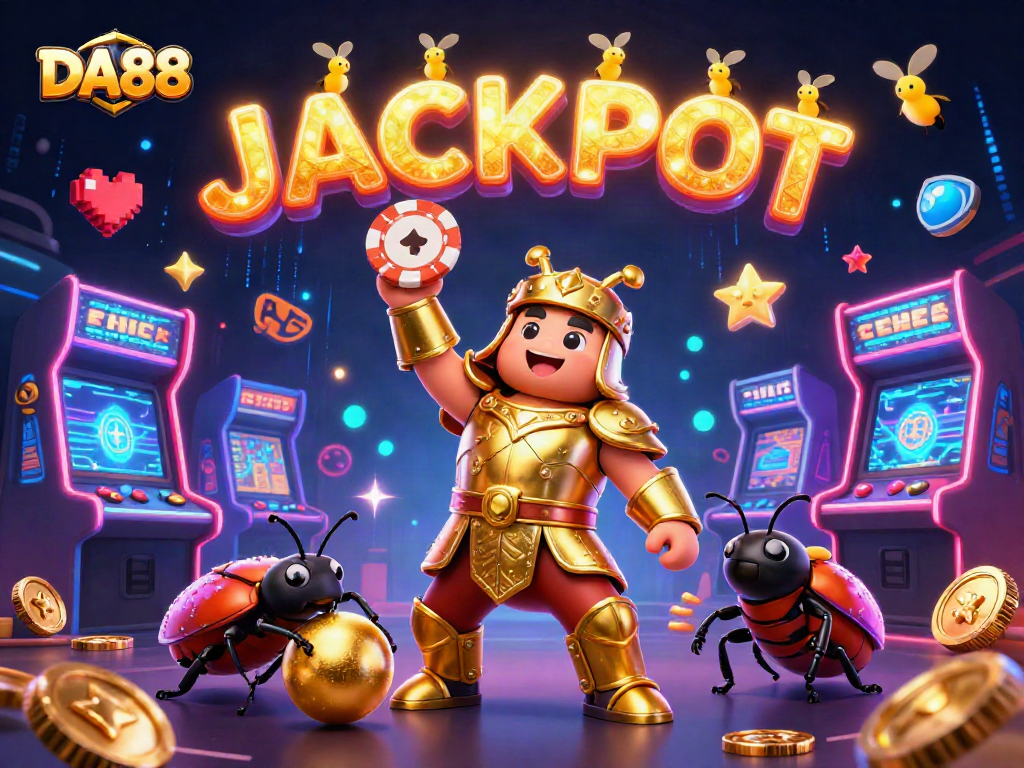 Engage with DA88's vibrant casino world featuring characters celebrating a jackpot victory.
