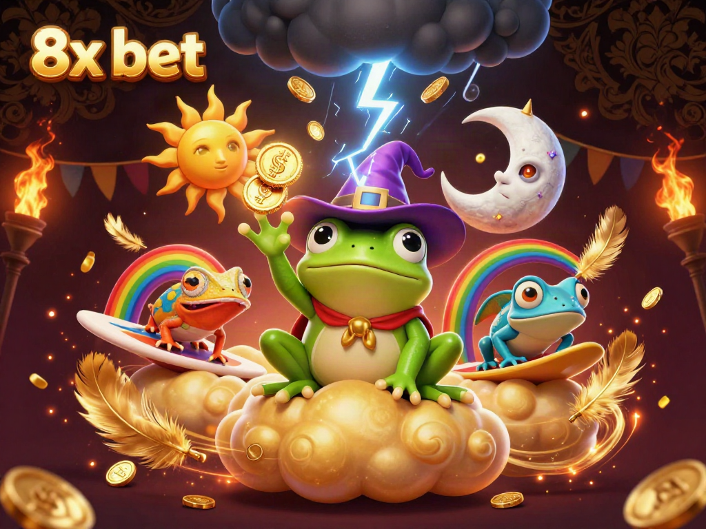 Experience vibrant energy with 8x bet as the wizard and chameleon celebrate gaming excitement.